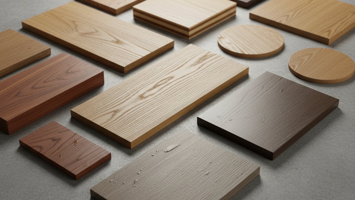 Các mẫu gỗ tự nhiên và gỗ công nghiệp được trưng bày, nhấn mạnh khả năng chống ẩm của từng loại.