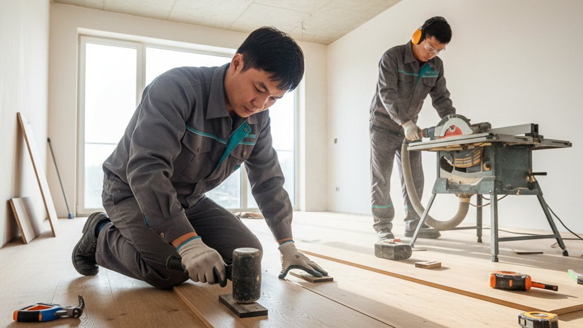 Đội ngũ thi công chuyên nghiệp đang lắp đặt sàn gỗ, thể hiện quy trình chuẩn kỹ thuật.
