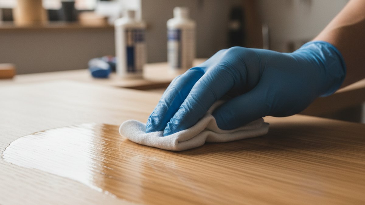 Hình ảnh bàn tay đang thi công lớp phủ bảo vệ hoặc sản phẩm chống ẩm lên bề mặt gỗ.