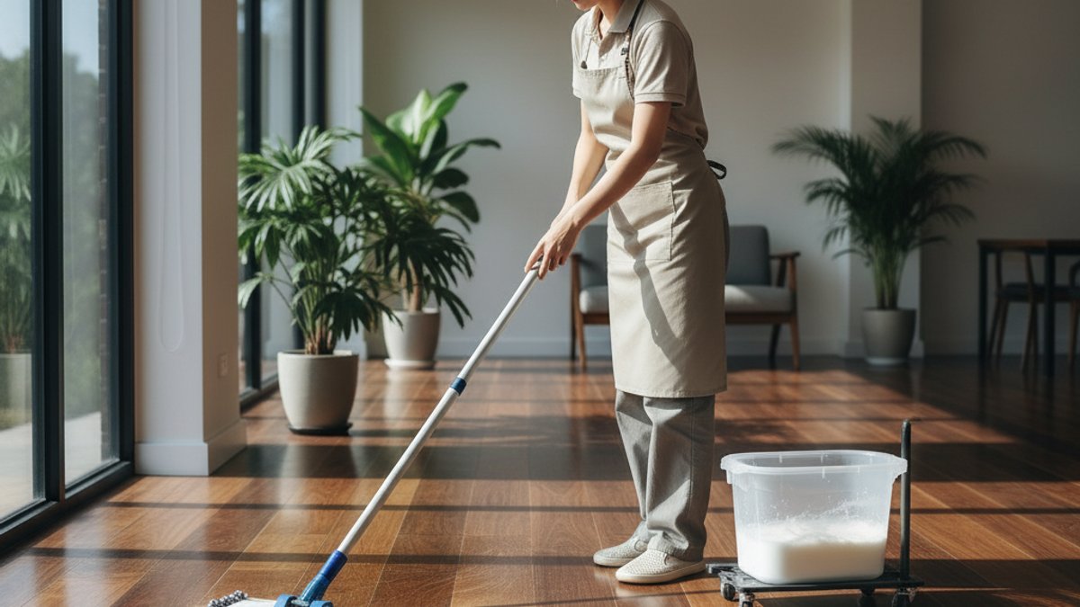 Một người đang vệ sinh sàn gỗ bằng dụng cụ chuyên dụng, minh họa việc bảo dưỡng định kỳ.