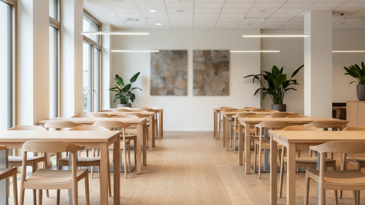 Phòng ăn gỗ sáng màu với ánh sáng trắng trung tính