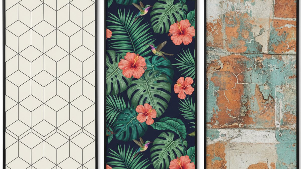 So sánh ba mẫu giấy dán tường: hình học, thực vật, công nghiệp