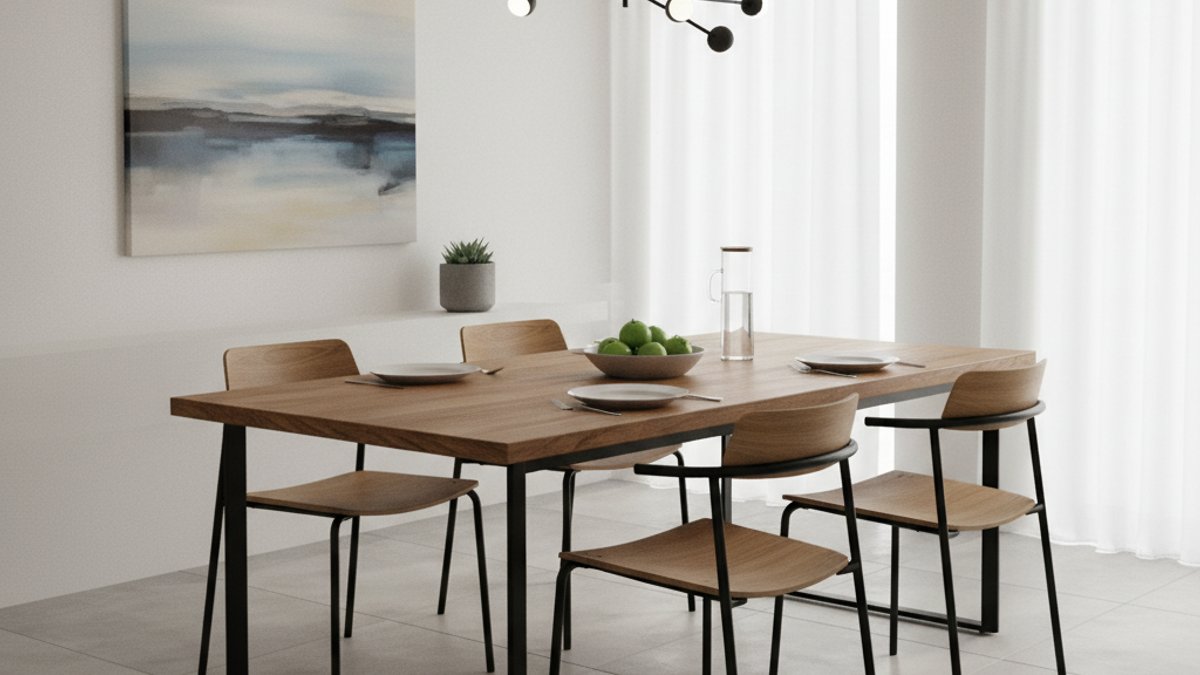 Bàn ăn mặt gỗ chân kim loại hiện đại