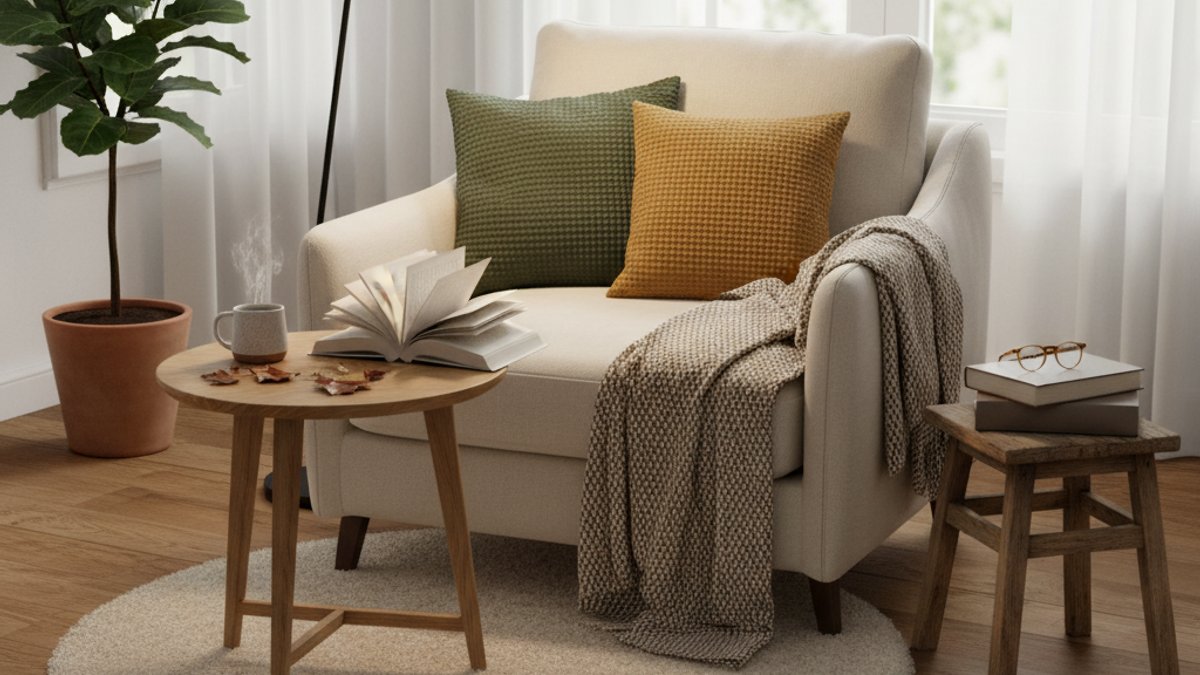 Bàn trà gỗ nhỏ, ghế đôn gỗ, góc đọc sách