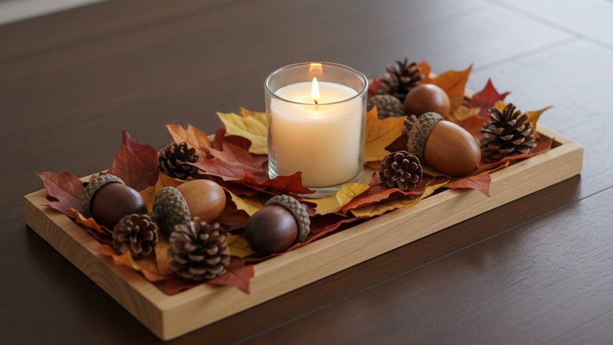 Bàn gỗ trang trí nến, lá khô, quả thông mùa thu