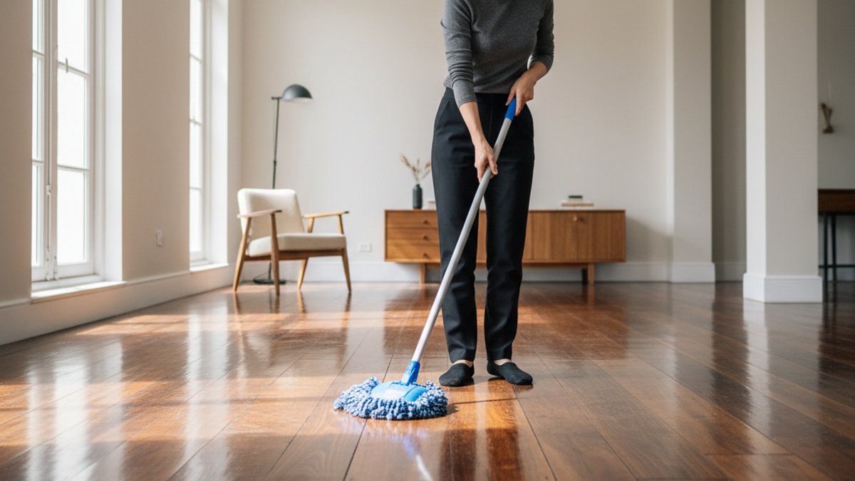 Người dùng đang vệ sinh sàn gỗ đã được phục hồi