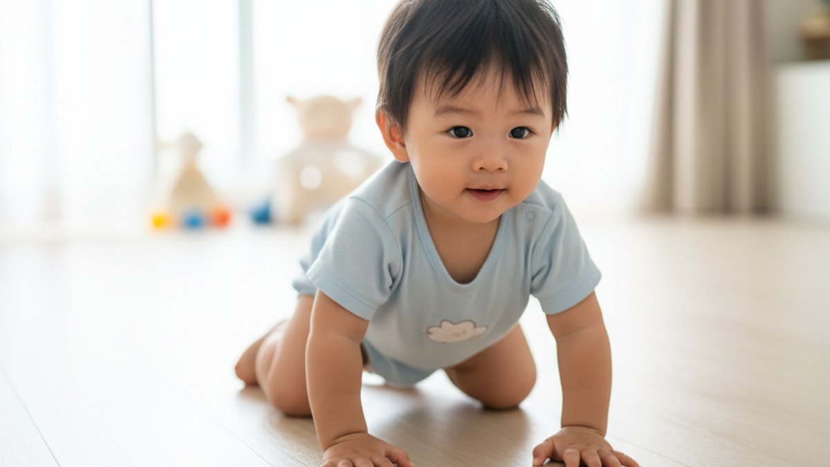 Em bé tập đi trên sàn nhà chống trượt