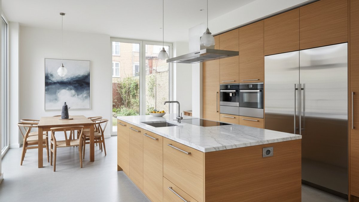 Tủ bếp gỗ, mặt đá, thiết bị kim loại trong bếp