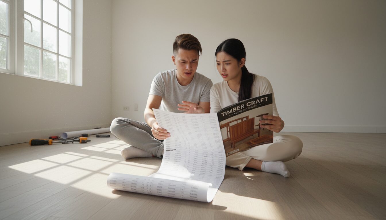 Một cặp vợ chồng trẻ người Việt Nam ngồi trên sàn nhà trống, vẻ mặt hơi căng thẳng và bối rối khi xem một tờ báo giá dài và một cuốn catalogue nội thất gỗ. Ánh sáng tự nhiên chiếu vào từ cửa sổ lớn.