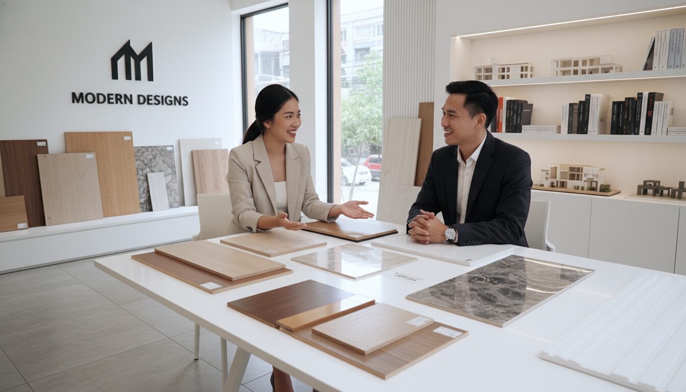 Một nữ kiến trúc sư người Việt Nam đang tươi cười tư vấn cho một khách hàng, trên bàn là các mẫu vật liệu như ván gỗ công nghiệp, tấm nhựa vân đá, và các thanh lam sóng. Không gian showroom sáng sủa, hiện đại.