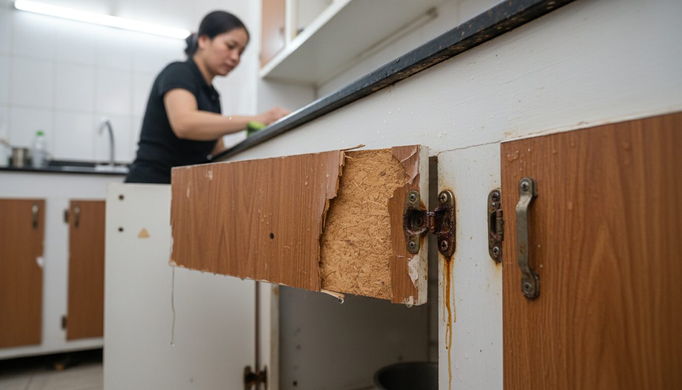 Cận cảnh một cánh cửa tủ bếp bằng gỗ công nghiệp giá rẻ bị phồng rộp, bong tróc lớp bề mặt do ngấm nước. Bản lề bị rỉ sét.