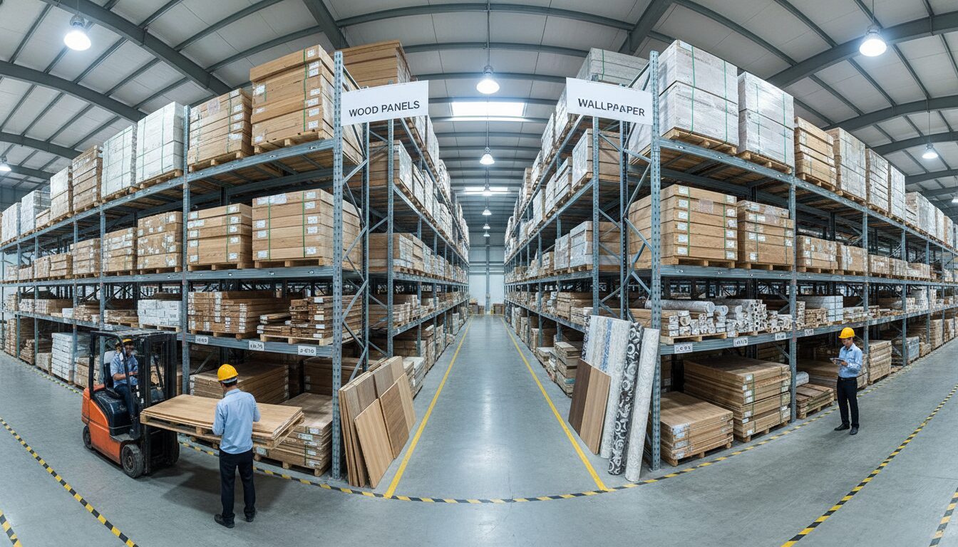 Bên trong một nhà kho sạch sẽ, ngăn nắp của VG Cavico. Các chồng ván gỗ công nghiệp, sàn gỗ, và các cuộn giấy dán tường được xếp ngay ngắn trên kệ cao. Ánh sáng công nghiệp chiếu sáng không gian.