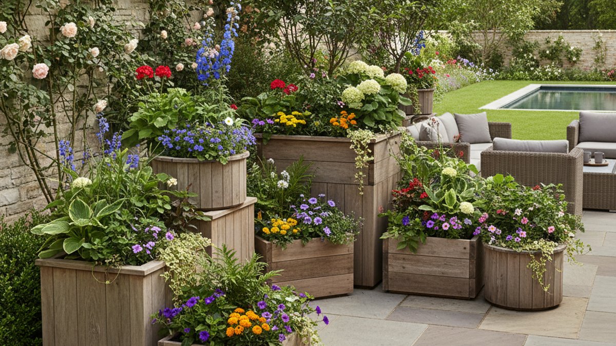 Bồn cây gỗ tự nhiên với nhiều loại cây