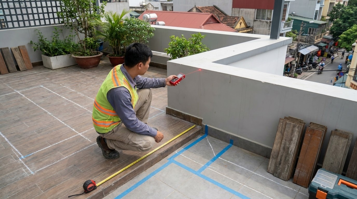 Đo diện tích trước khi thi công sàn gỗ ngoài trời AWOOD