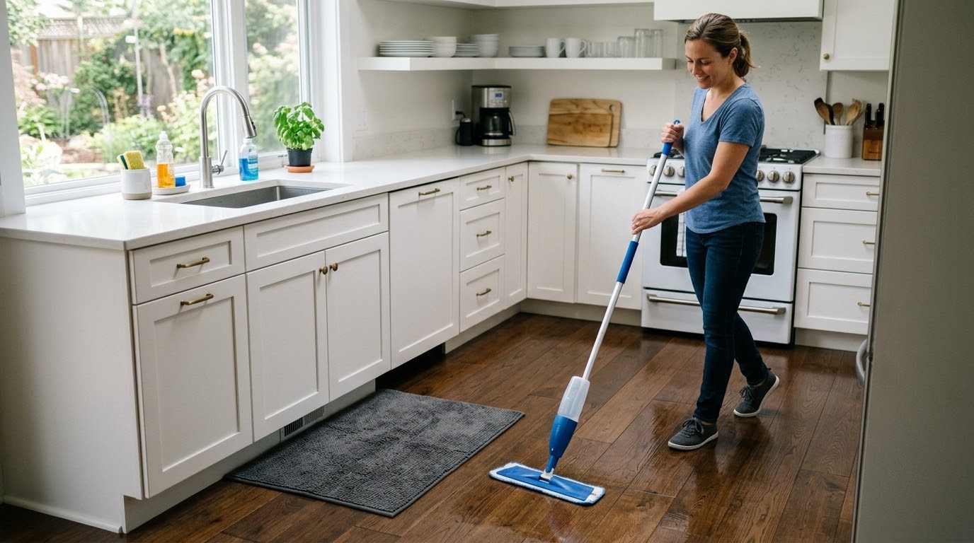 Vệ sinh và bảo vệ sàn gỗ công nghiệp đúng cách tại khu vực bếp
