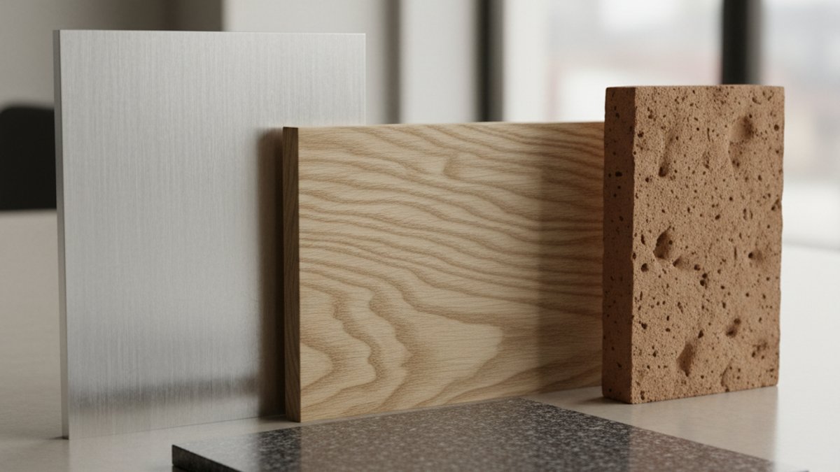 Cận cảnh mẫu gỗ, kim loại, đá, gạch