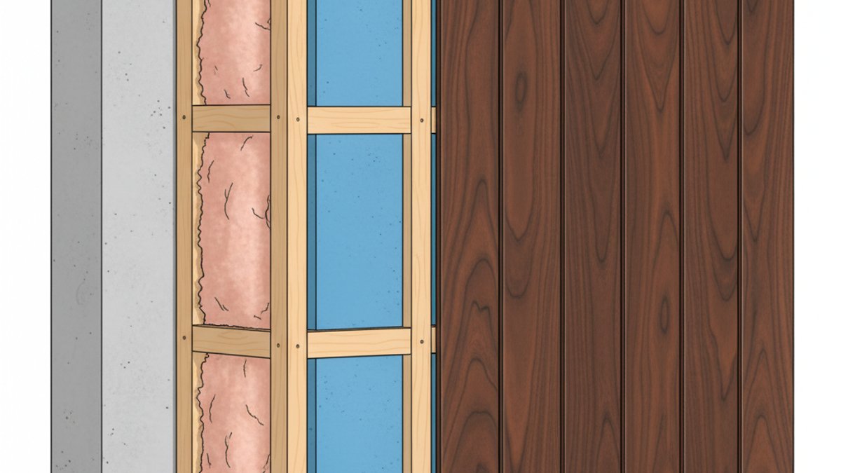 Mặt cắt tường ốp gỗ kết hợp vật liệu cách âm cách nhiệt