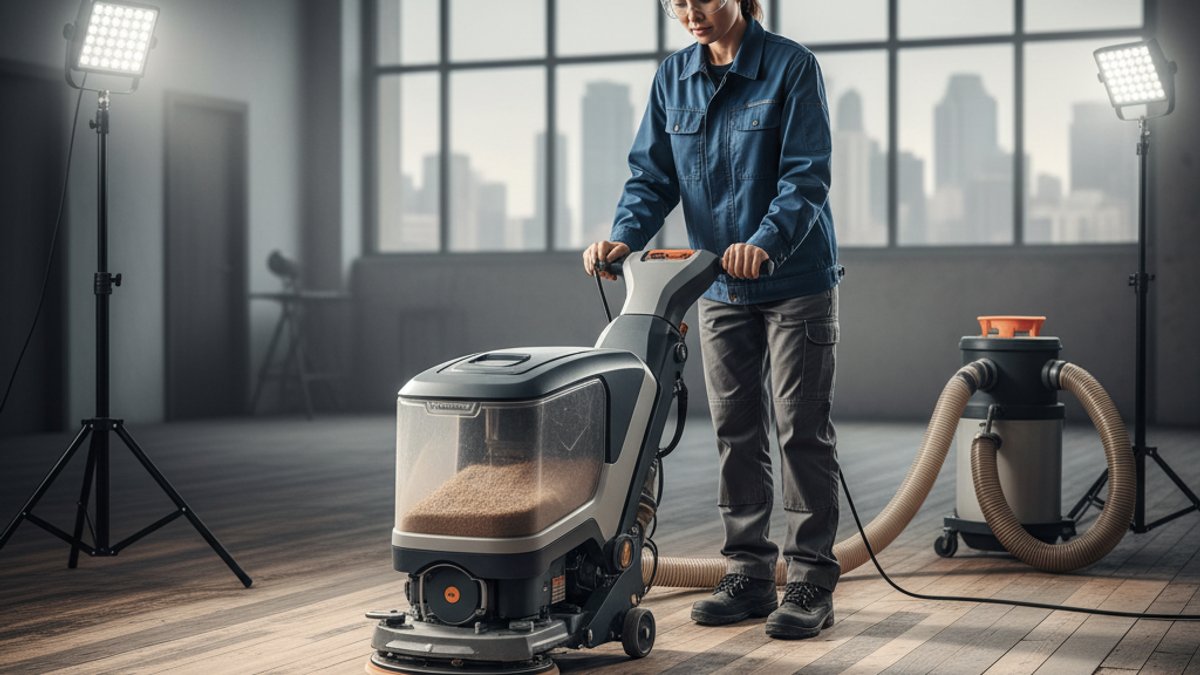 Thợ thi công đang chà nhám bề mặt sàn gỗ cũ