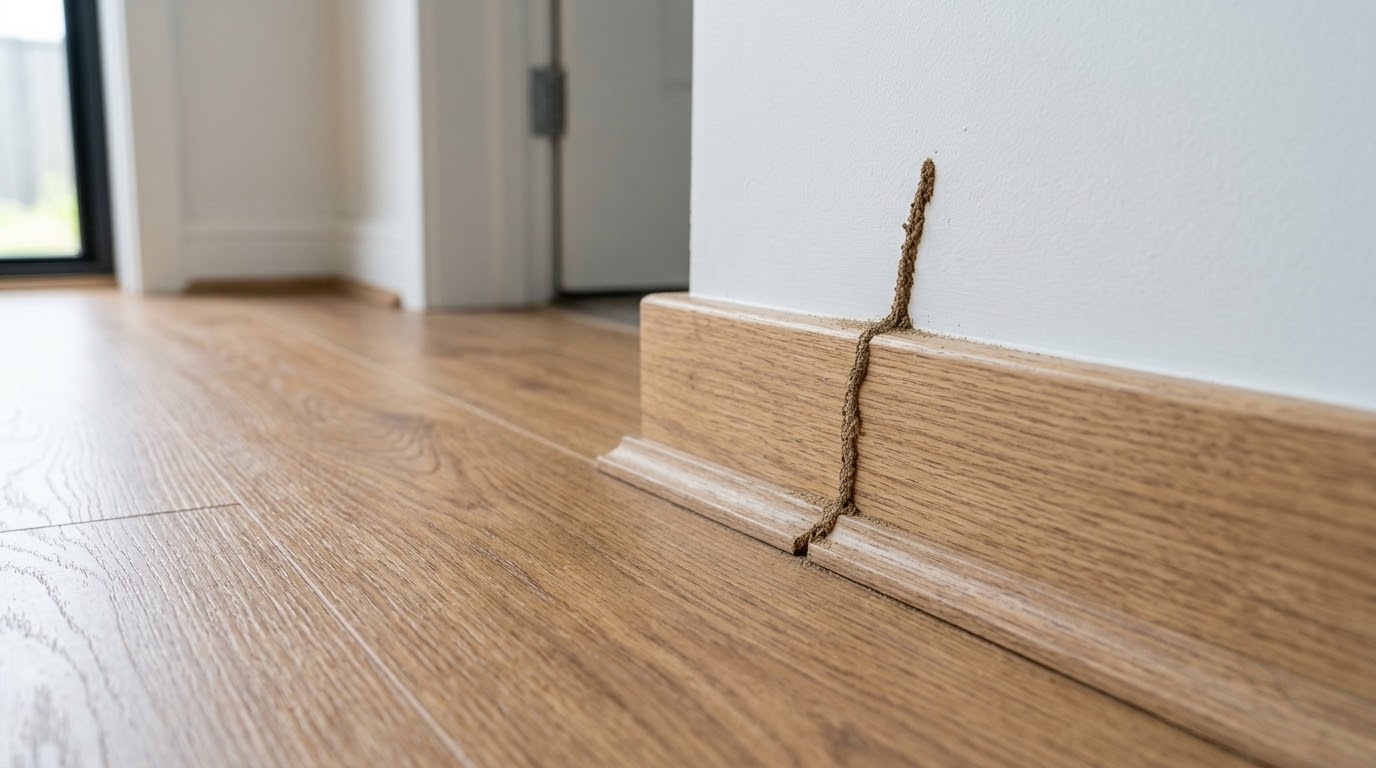 Đường đất của mối xuất hiện tại chân tường cạnh sàn gỗ