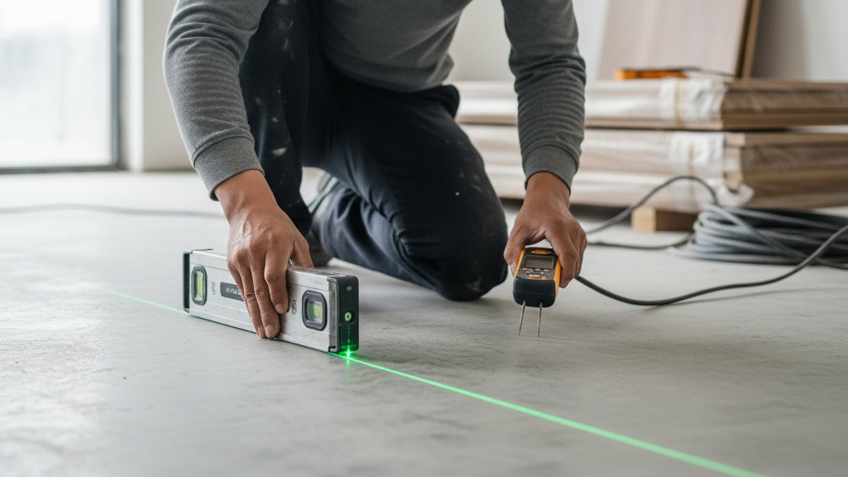 Thợ kiểm tra độ phẳng và độ ẩm sàn