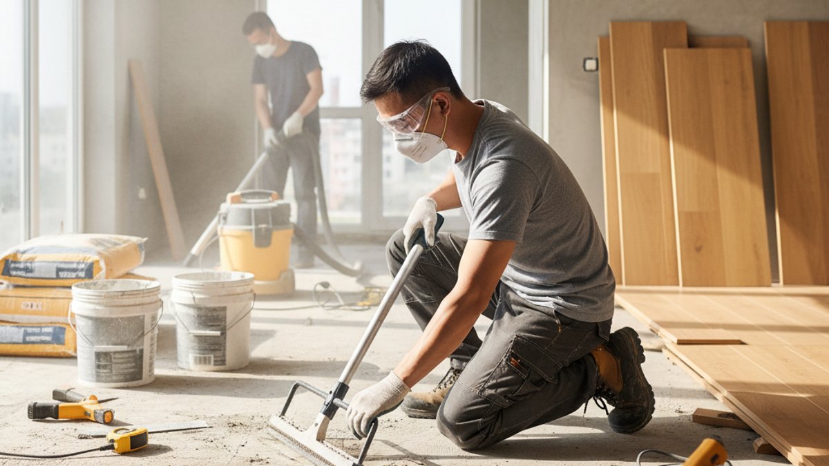 Thợ thi công đang làm phẳng bề mặt sàn cũ
