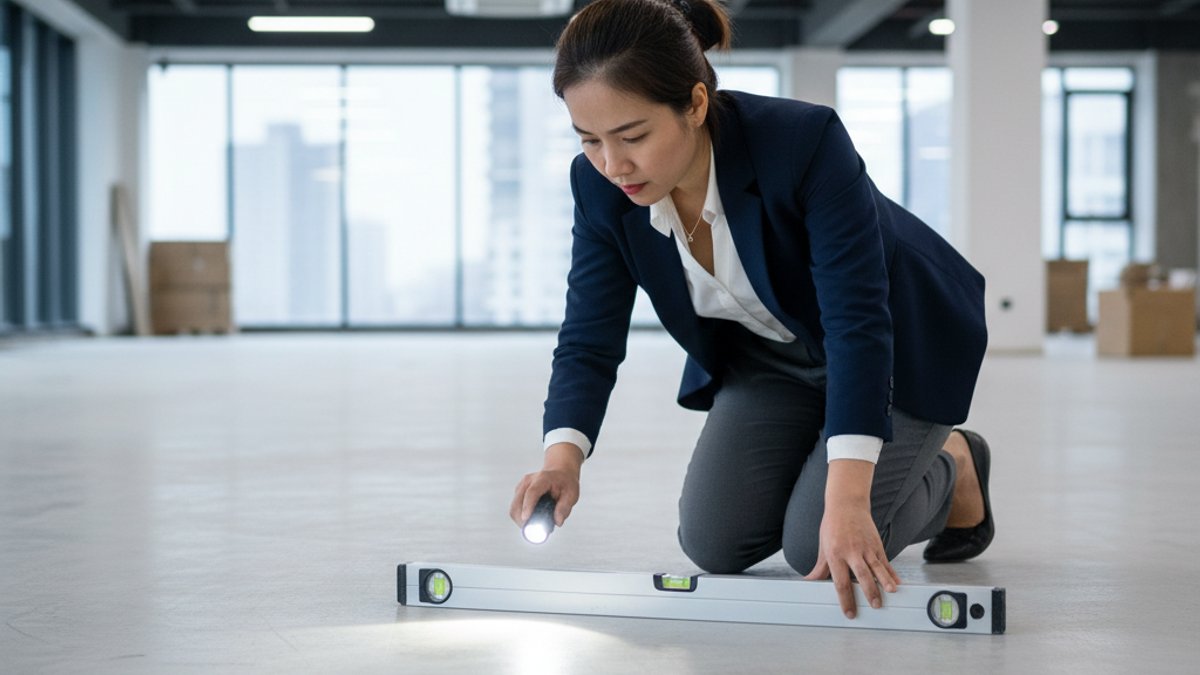 Chuyên gia kiểm tra lại nền trước khi lắp sàn