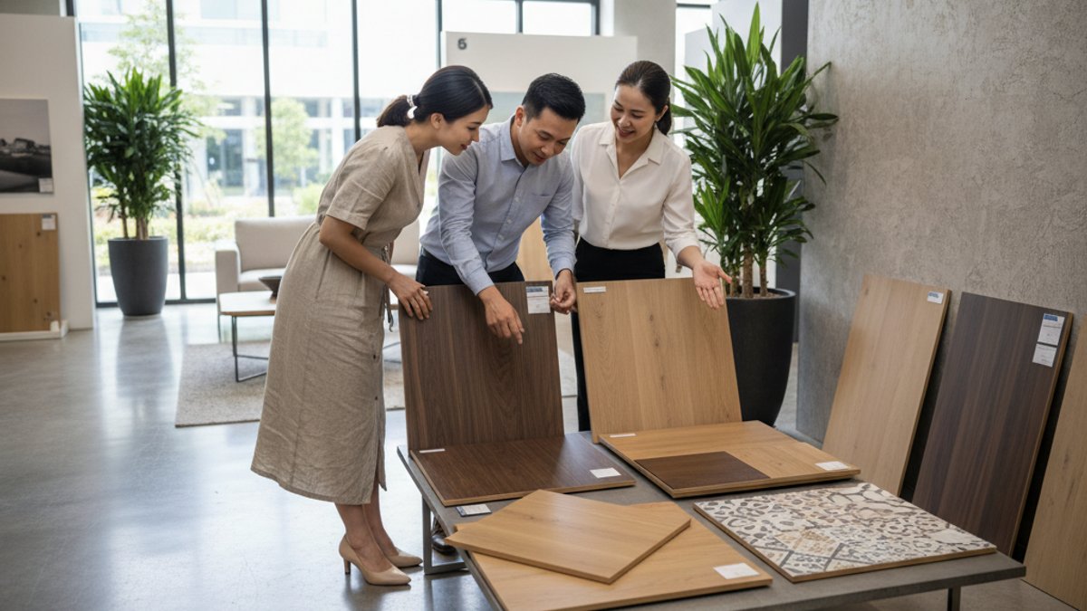 Nhân viên Vua Gỗ tư vấn khách hàng chọn sàn