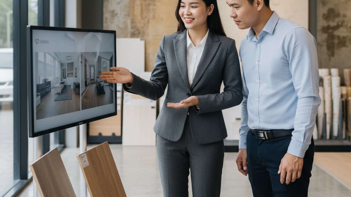 Nhân viên Vua Gỗ tư vấn khách hàng về sàn gỗ