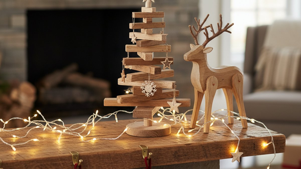 Cây thông gỗ nhỏ, tuần lộc gỗ trên lò sưởi Giáng Sinh