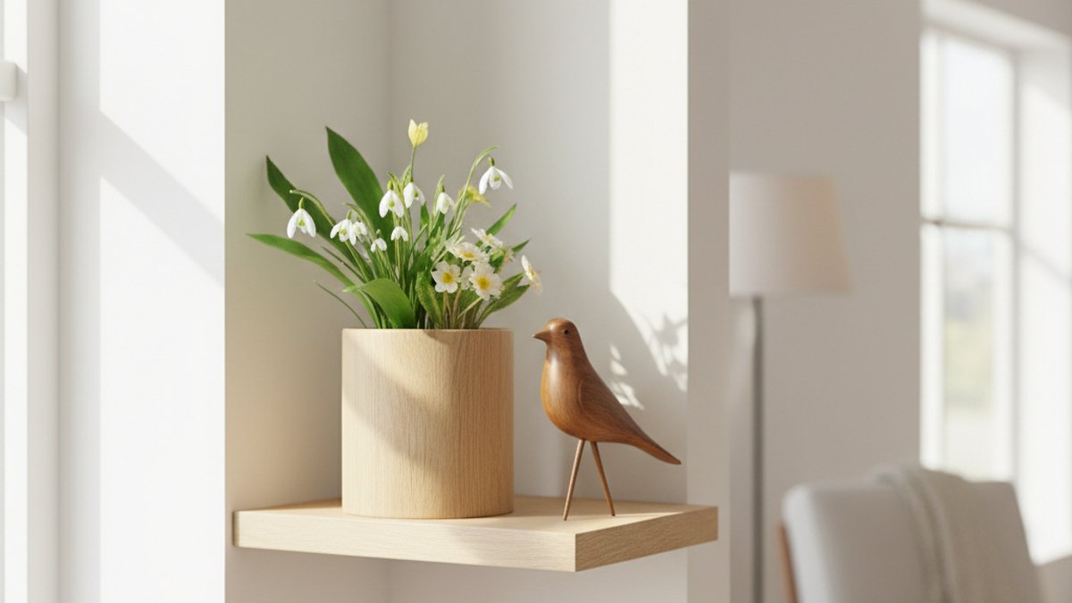 Kệ gỗ trang trí lá xanh và hoa nhỏ cho mùa xuân