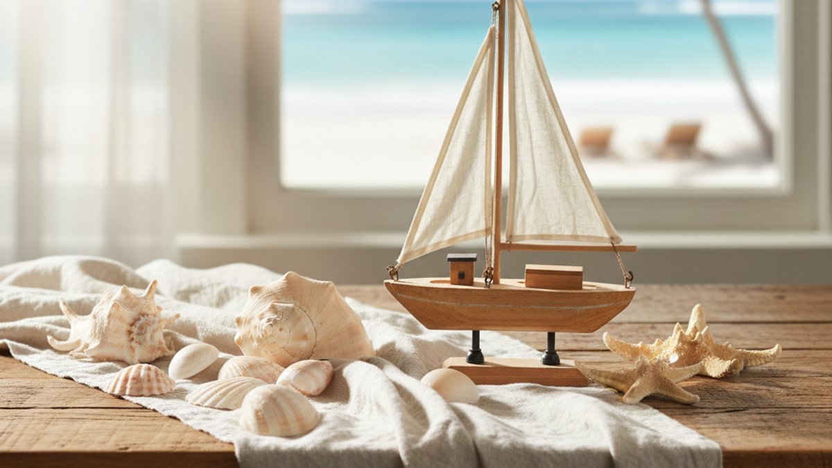 Bàn gỗ trang trí thuyền gỗ và vỏ sò mùa hè