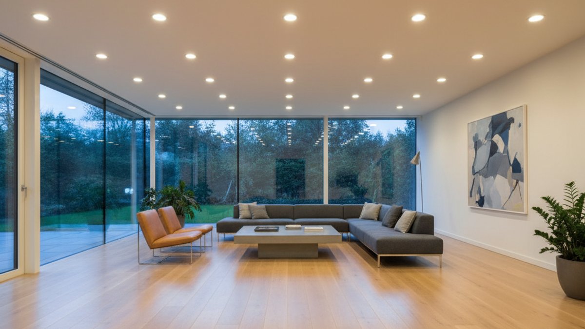 Phòng khách với đèn downlight chiếu sáng sàn gỗ