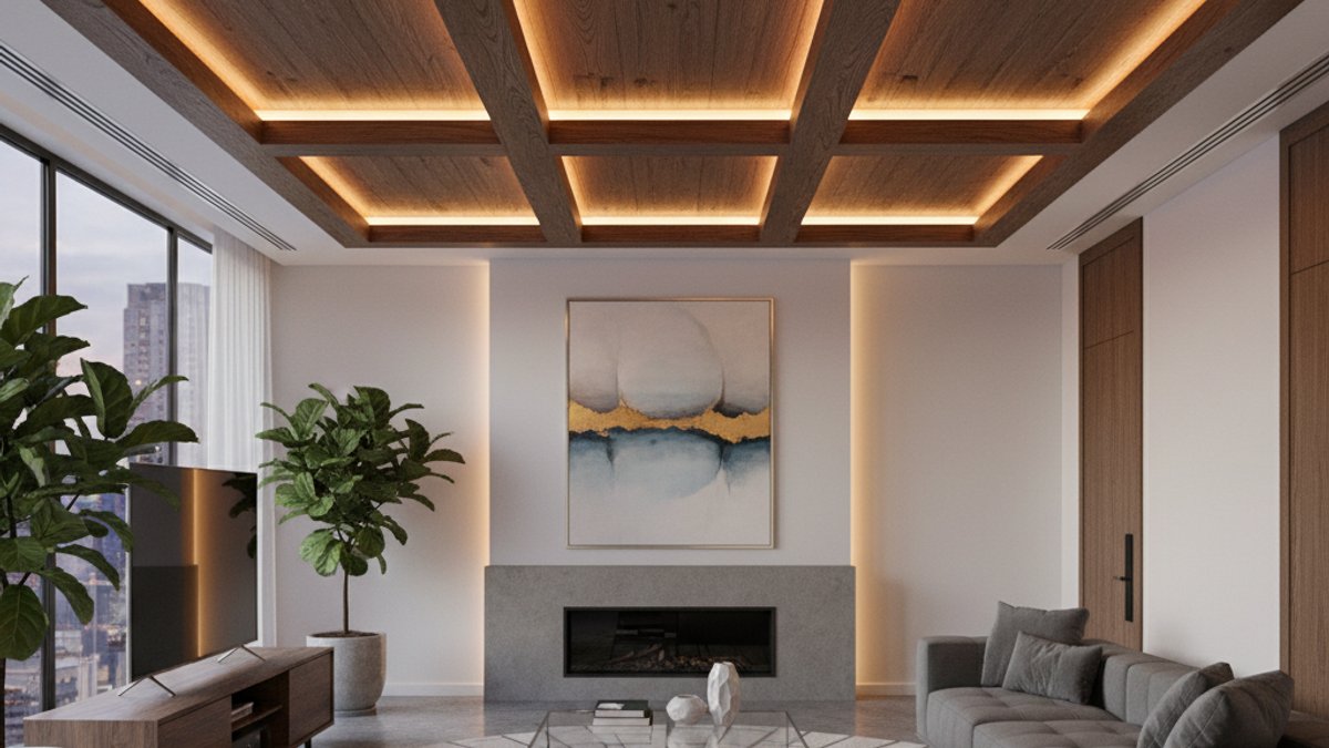 Trần gỗ với đèn hắt tạo ánh sáng mềm mại