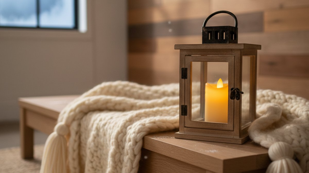 Đèn lồng gỗ, nến điện tử trên bàn gỗ cạnh chăn ấm