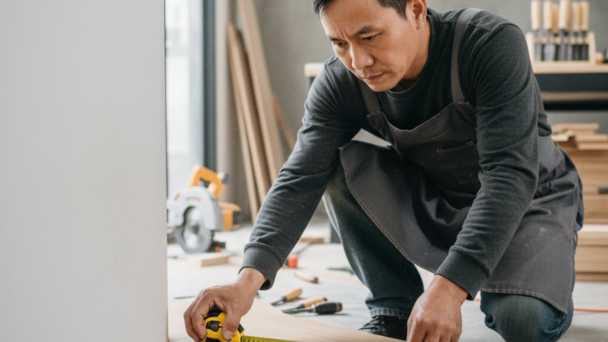Thợ thi công sàn gỗ đo đạc đường cong tường