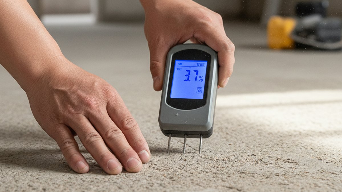 Thợ dùng máy đo độ ẩm nền bê tông