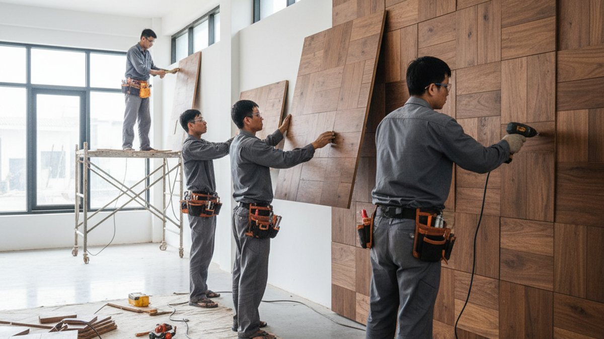 Nhân viên Vua Gỗ thi công ốp tường gỗ chuyên nghiệp