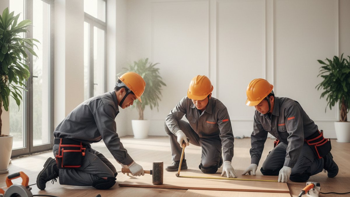 Thợ thi công sàn gỗ người Việt Nam đang làm việc chuyên nghiệp