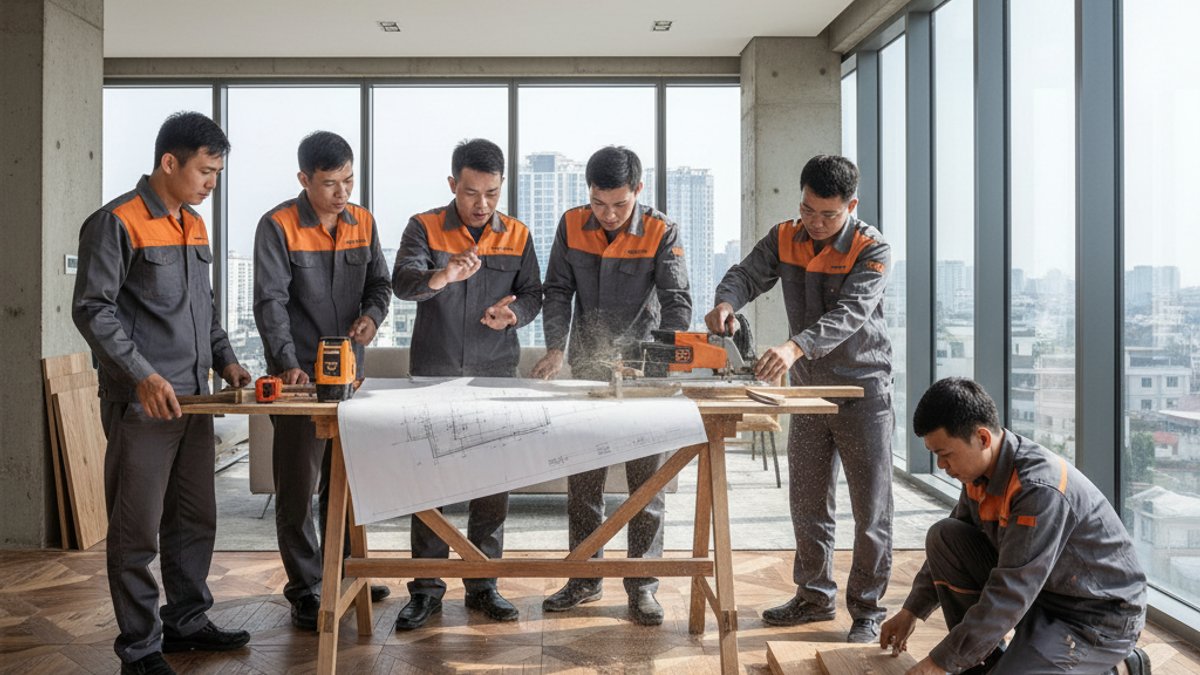 Đội ngũ kỹ thuật viên Vua Gỗ thi công sàn gỗ