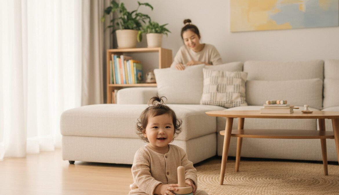 Em bé đang chơi đùa an toàn trên sàn gỗ trong phòng khách