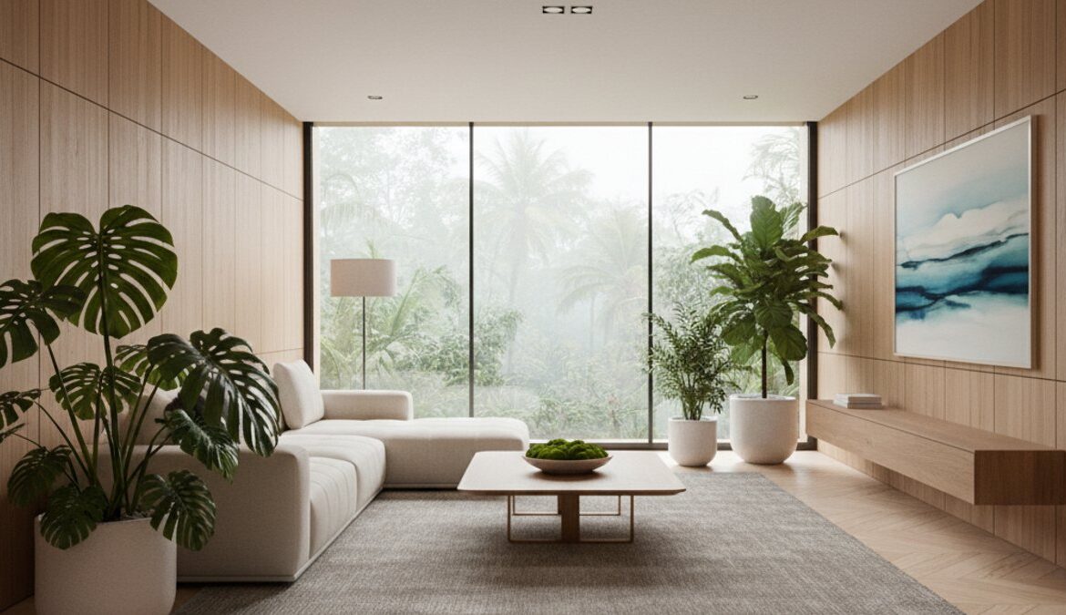 Không gian sống hiện đại với sàn gỗ và gỗ ốp tường nguyên vẹn, đẹp mắt, thể hiện sự bền bỉ bất chấp khí hậu ẩm.