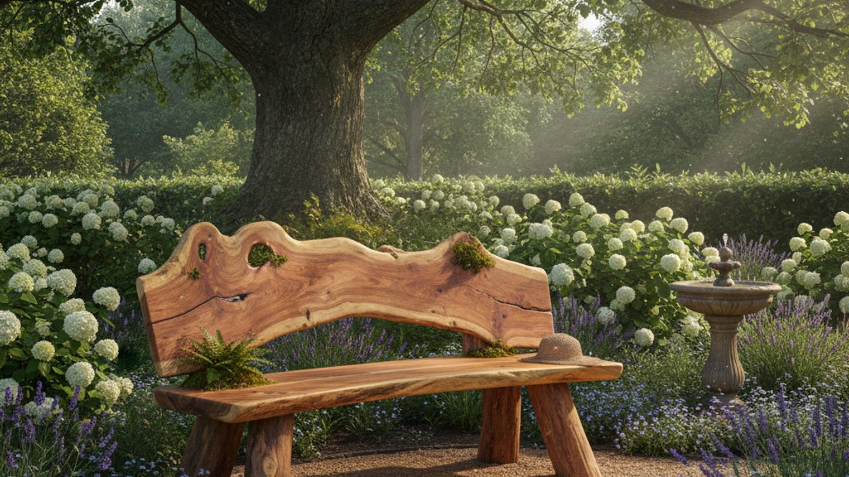 Ghế băng gỗ tự nhiên trong góc vườn yên tĩnh