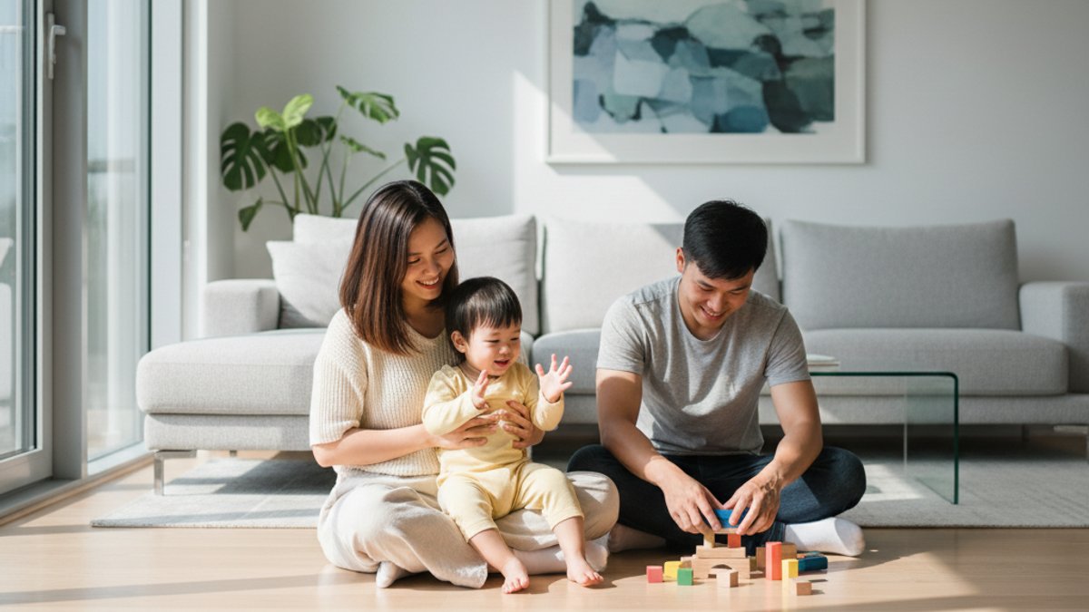 Gia đình trẻ hạnh phúc tận hưởng không gian sống với sàn nhà đẹp