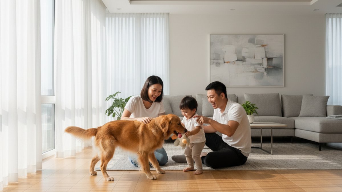 Gia đình Việt vui vẻ chơi đùa cùng thú cưng trên sàn nhà