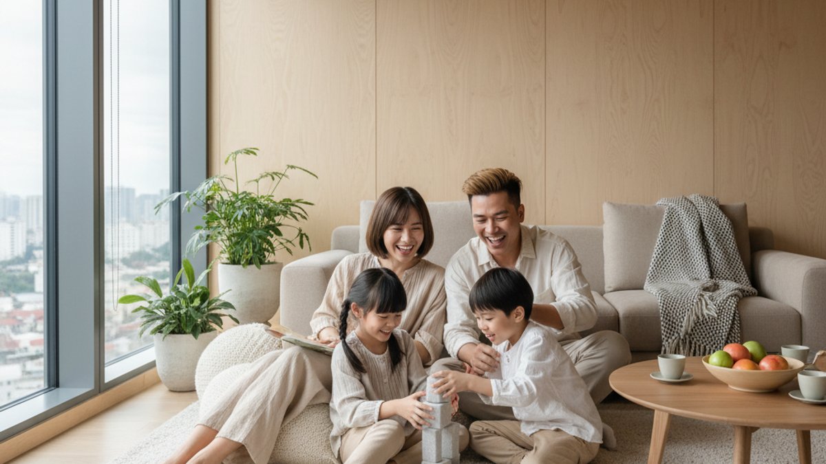 Gia đình sinh hoạt trên sàn nhà yên tĩnh chung cư