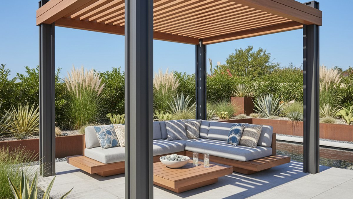 Pergola gỗ nhựa WPC với sofa ngoài trời