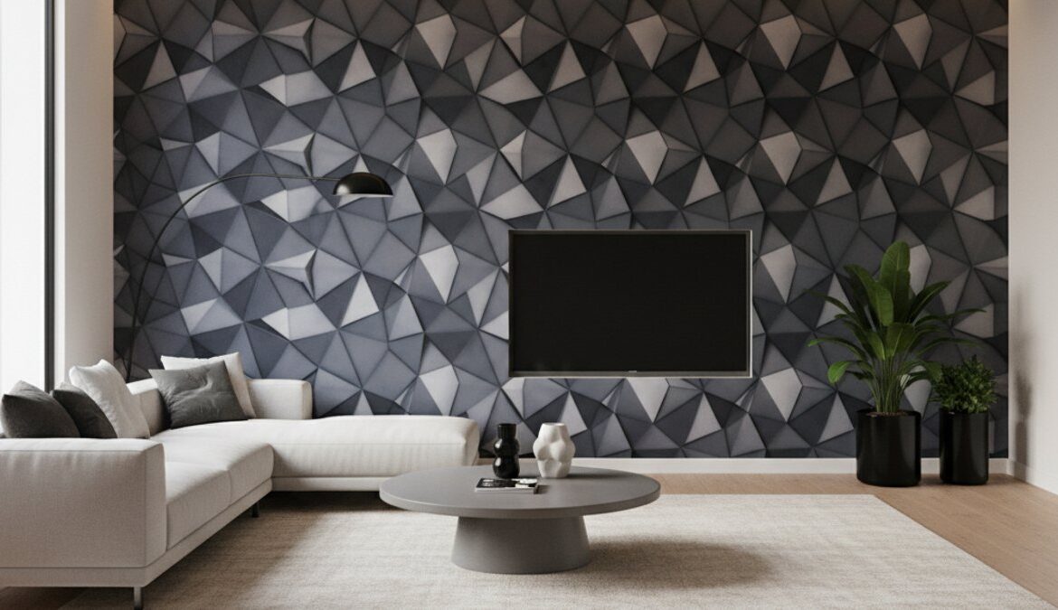 Giấy dán tường 3D tạo chiều sâu cho phòng khách hiện đại, sang trọng