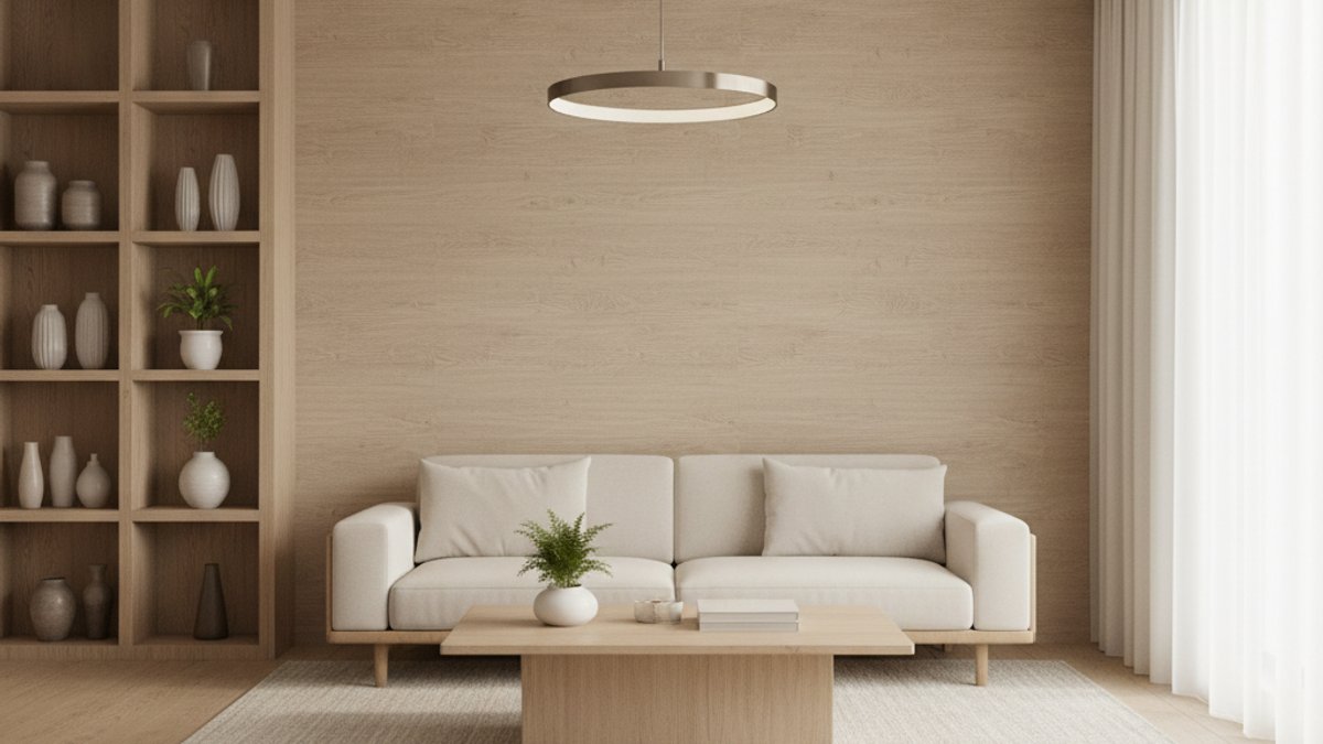 Giấy dán tường vân gỗ hài hòa với sàn và nội thất gỗ