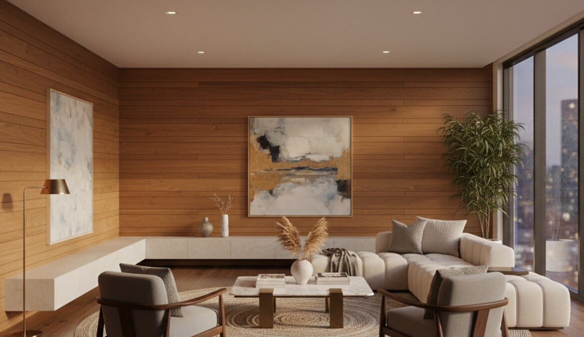 Phòng khách hiện đại sử dụng gỗ ốp tường và sàn gỗ chống cháy
