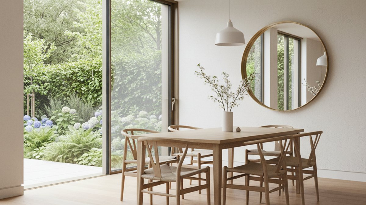 Sàn gỗ, cửa kính lớn, gương trang trí, ánh sáng tự nhiên